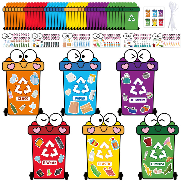 3sscha 42 Packs Creative Learn to Recycle Craft Kit for Kids - DIY Trash Can Garbage Bin Recycling Sticker Activity Environmental Education for Earth Day Art Project Classroom Home Party Supplies