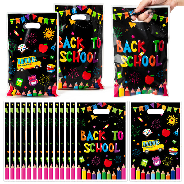 3sscha 50Pcs Back to School Party Favor Bag - First Day of School Classroom Plastic Waterproof Goodie Bags Welcome Back Rectangular Gift Pack for Kids Colorful Decoration Party Favors Supplies