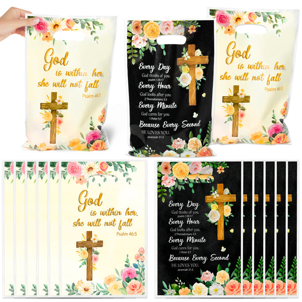 3sscha 50Pcs Floral Cross Religious Spiral Party Favor Bag - Bible Psalm Waterproof Goodie Bag with Die Cut Handles Flower God Bless Plastic Gift Bags for Kids Birthday Baby Shower Decoration Supplies