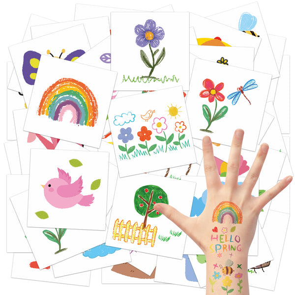 3sscha 144Pcs Spring Doodles Temporary Tattoo for Kids - 2 Inch Hello Springtime Flower Bee Butterfly Non-Toxic Waterproof Body Stickers Art Decal Gift Bag Fillers Easter Party Favor Supplies