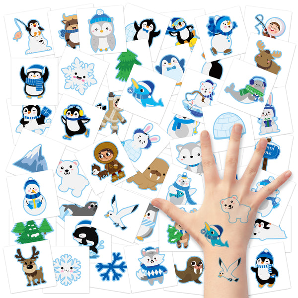 3sscha 144Pcs Polar Animals Temporary Tattoos for Kids 2 Inch Winter Theme Cartoon Polar Bear Penguin Snowman Xmas Non-Toxic Waterproof Body Stickers Art Decal Gift Bag Fillers Party Favor Supplies