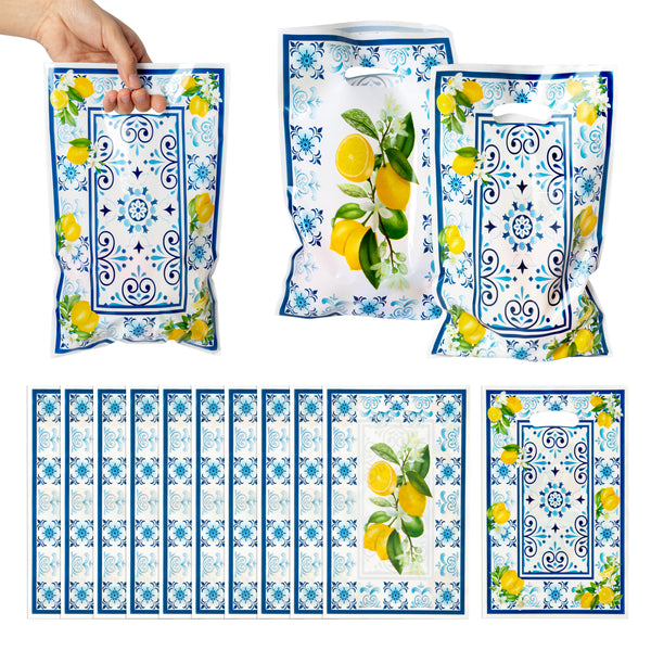 3sscha 50Pcs Capri Lemon Party Favor Bag Blue Tiles Yellow Lemon Plastic Waterproof Goodie Bag Citrus Fruit Rectangular Gift Bags for Kids Birthday Baby Shower Decoration Party Favor Supplies