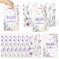 3sscha 50Pcs Lavender in Bloom Party Favor Bag - Baby Shower Baptism Waterproof Goodie Bag with Die Cut Handles Spring Flower Plastic Rectangular Gift Bags for Kids Birthday Decoration Supplies