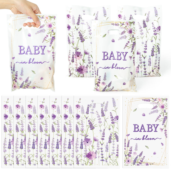 3sscha 50Pcs Lavender in Bloom Party Favor Bag - Baby Shower Baptism Waterproof Goodie Bag with Die Cut Handles Spring Flower Plastic Rectangular Gift Bags for Kids Birthday Decoration Supplies