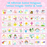 3sscha 144Pcs Happy Easter Doodles Temporary Tattoos for Kids, 2 Inch Bible Easter Egg Chicks Bunny Christian Religious Non-Toxic Waterproof Body Stickers Art Decal Party Favor School Supplies
