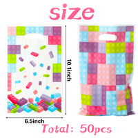 3sscha 50Pcs Pink Block Party Favor Bag Building Block Plastic Waterproof Goodie Bag with Die Cut Handles Rectangular Candy Gift Bags for Kids Birthday Baby Shower Decoration Party Favor Supplies