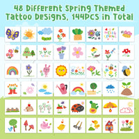 3sscha 144Pcs Spring Doodles Temporary Tattoo for Kids - 2 Inch Hello Springtime Flower Bee Butterfly Non-Toxic Waterproof Body Stickers Art Decal Gift Bag Fillers Easter Party Favor Supplies