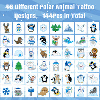 3sscha 144Pcs Polar Animals Temporary Tattoos for Kids 2 Inch Winter Theme Cartoon Polar Bear Penguin Snowman Xmas Non-Toxic Waterproof Body Stickers Art Decal Gift Bag Fillers Party Favor Supplies