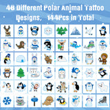 3sscha 144Pcs Polar Animals Temporary Tattoos for Kids 2 Inch Winter Theme Cartoon Polar Bear Penguin Snowman Xmas Non-Toxic Waterproof Body Stickers Art Decal Gift Bag Fillers Party Favor Supplies