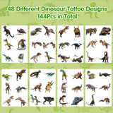 3sscha 144Pcs Dinosaur Temporary Tattoos for Kids 2 Inch Realistic Nature Forest Dinosaur Non-Toxic Tats Waterproof Body Stickers Art Decal Gift Bag Fillers Jurassic Theme Party Favor Supplies
