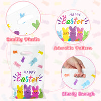 3sscha 50Pcs Easter Bunny Peeps Party Favor Bag - Happy Easter Rabbit Plastic Waterproof Goodie Bag with Die Cut Handles Rectangular Candy Gift Bags for Kids Festival Decoration Party Favor Supplies