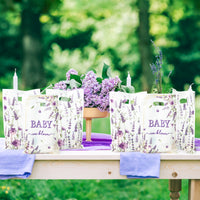 3sscha 50Pcs Lavender in Bloom Party Favor Bag - Baby Shower Baptism Waterproof Goodie Bag with Die Cut Handles Spring Flower Plastic Rectangular Gift Bags for Kids Birthday Decoration Supplies