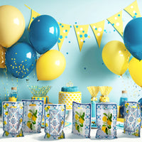 3sscha 50Pcs Capri Lemon Party Favor Bag Blue Tiles Yellow Lemon Plastic Waterproof Goodie Bag Citrus Fruit Rectangular Gift Bags for Kids Birthday Baby Shower Decoration Party Favor Supplies