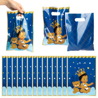 3sscha 50Pcs Royal Prince Party Favor Bags for Baby Boy Blue Waterproof African American Cutie Prince Goodie Bag with Die Cut Handles Plastic Candy Gift Bags for Birthday Baby Shower Decor Supplies