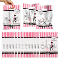 3sscha 50Pcs Girls Dream Paris Party Favor Bag for Elegant Lady Waterproof Pink Goodies Cookies Bag with Die Cut Handles Eiffel Tower Plastic Candy Gift Bags for Birthday Baby Shower Decor Supplies