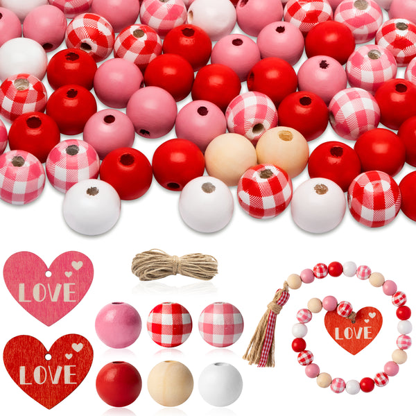3sscha 205Pcs Valentine's Day Wood Beads Set Natural Round Wooden Beads with Tassel and Heart Love Pendant DIY Garland Plaid Rustic Farmhouse Crafts for Valentine Gift Wedding Home Party Decoration