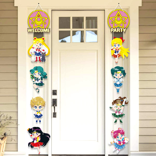 3sscha Sailor Moon Birthday Party Supplies Porch Banner Girlish Anime Ornaments Door Banners Hanging Welcome Garland Decorations Sets Tribute to Classic Romantic Wedding Baby Shower Room Decor for Kids Girls