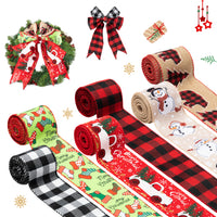 3sscha 6 Rolls Christmas Wired Edge Ribbon Snowman Truck Stocking Faux Burlap Ribbons Xmas Red Buffalo Black Plaid Check 2.5” × 30 Yards Gift Wrapping Craft for Wreath Floral Bouquet Party Home Decor