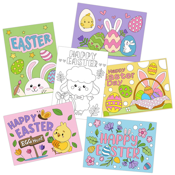 3sscha 36Pcs Easter Coloring Greeting Cards with Bunny Rabbit Eggs Basket Chicken Lamb Printed Patterns DIY Spring Flowers Themed Blank Card for Happy Easter Day Birthday Anniversary Thanks Notecard