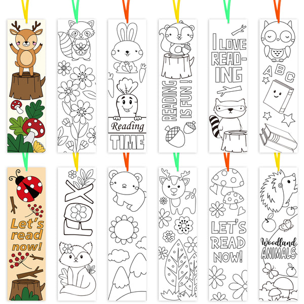 3sscha 75Pcs Color Your Own Woodland Animals Bookmarks for Kids DIY Coloring Blank Bookmark including Fox Owl Mushroom Raccoon Floral Forest Painting Bookmark School Party Supplies Goodie Bag Fillers