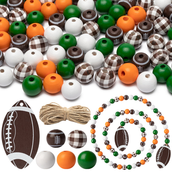 3sscha 203Pcs Plaid Beads Set Rugby Football Theme Brown & White Buffalo Checked Natural Wooden Bead with Pendant DIY Round Wood Beads Garland Craft for Farmhouse Rustic Home Party Decoration