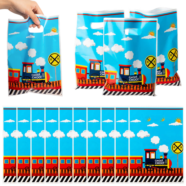 3sscha 50Pcs Train Party Favor Bag Transportation Themed Waterproof Goodie Bag with Die Cut Handles Railway Traffic Glossy Plastic Candy Gift Bags for Kids Birthday Baby Shower Decoration Supplies