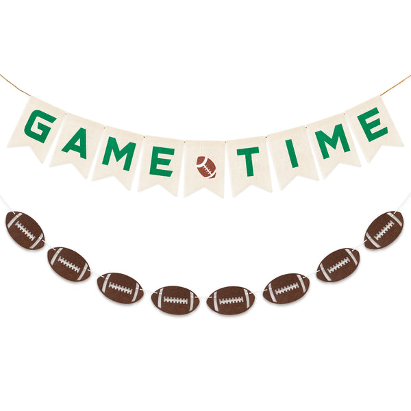 3sscha 2pcs Green Football Burlap Banners Football Felt Banner Game Time Hanging Party Decoration Sports Rustic Bunting Flag Photo Prop Backdrop for Game Day Birthday Baby Shower Party Favor Supplies