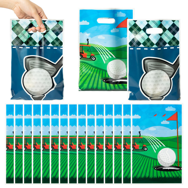 3sscha 50Pcs Golf Party Favor Bag, Sport Themed Waterproof Goodie Bags with Die Cut Handles, Golf Ball Flag Plastic Candy Gift Bag for Kids 1st Birthday Baby Shower, Men Party Decoration Supplies