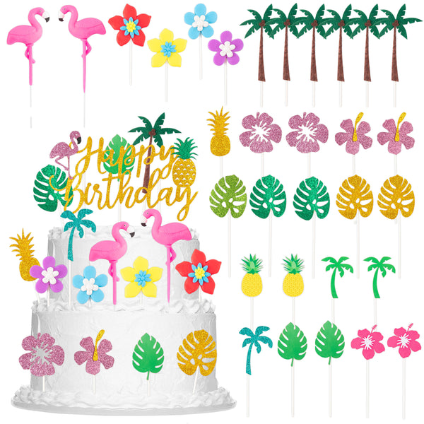 3sscha 32pcs Flamingo Soft Clay Cake Toppers Kit Happy Birthday Cupcake Decorations Summer Tropical Fruits Flowers Decor with Gold Glitter Palm Leaves Pineapple Party Supplies for Celebrate Boys and Girls Showers Theme Party