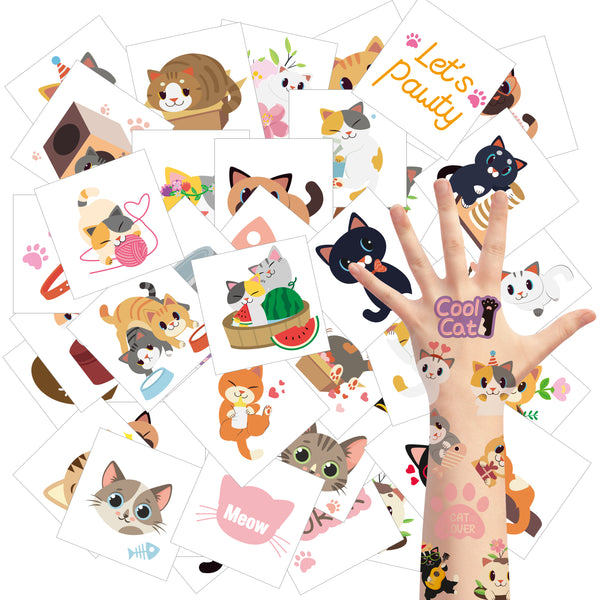 3sscha 24 Sheets Cat Temporary Tattoos for Kids 2 Inch Pet Cat Waterproof Non-Toxic Tats Stickers Waterproof Body Sticker Art Decal Goodie Bag Fillers Spring Party Favor Supplies for Boys Girls