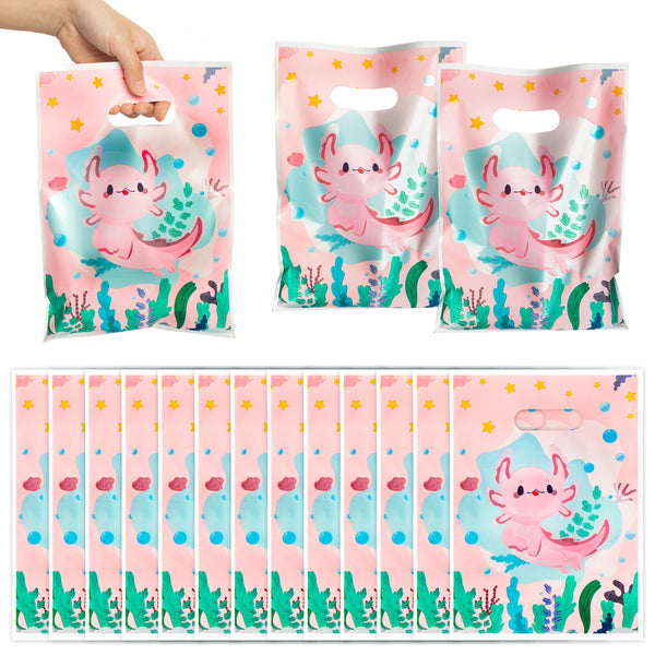 3sscha 50Pcs Axolotl Party Favor Bag Amphibian Themed Waterproof Goodie Bag with Die Cut Handles Reptile Animals Water Plants Plastic Candy Gift Bags for Baby Girl Birthday Baby Shower Decors Supplies