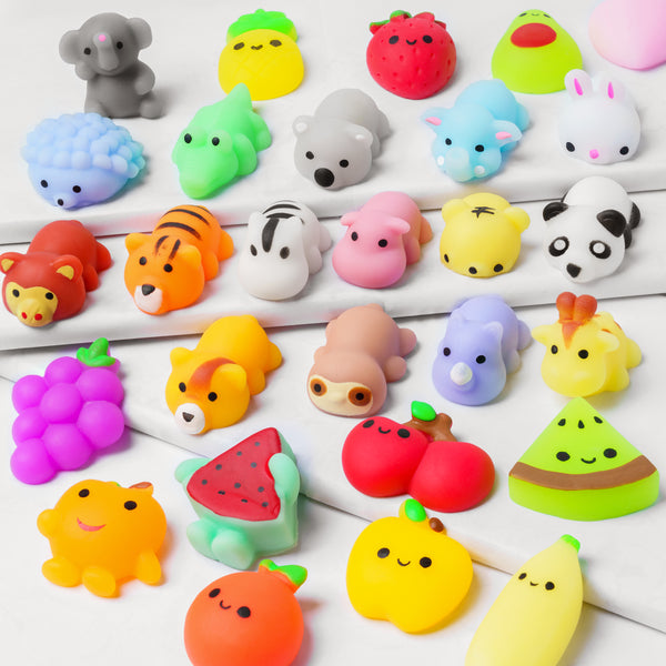 3sscha 28Pcs Fruit and Animals Mochi Squeeze Toys Mini Kawaii Fidget Toys Party Favor for Kids Birthday Gift Treat Goodie Bags Filler Adults Stress Relief Toys Classroom Prize for Boys Girls