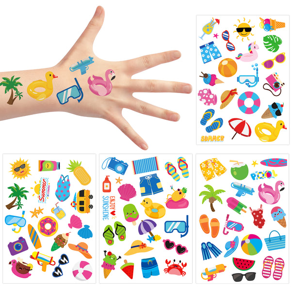 3sscha 8 Sheets Summer Pool Temporary Tattoos for Kids Cartoon Flamingo Watermelon Pineapple Non-toxic Tats Stickers Waterproof Palm Body Sticker Art Decal Beach Party Favor Supplies for Boys Girls