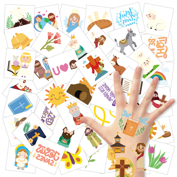 3sscha 24 Sheets Bible Temporary Tattoo for Kids 2 Inch Crucifix Non-Toxic Tats Sticker Waterproof Body Sticker, Goodie Bag Fillers, Birthday Group Activity Party Favor Supplies for Boys Girls