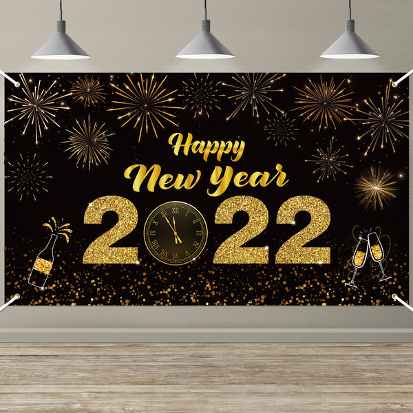 3sscha 2022 Happy New Year Backdrop Banner Black and Golden Firework Photo Props Polyester Wall Hanging Background Flag for Winter Christmas Happy New Year Eve Party Decoration Supplies 48.3*78.7inch