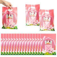 3sscha 50 Pack Pink Farm Animals Party Favor Bag Farmhouse Themed Waterproof Goodie Bag with Die Cut Handles Cute Glossy Plastic  Candy Gift Bags for Baby Girl Birthday Baby Shower Decoration Supplies