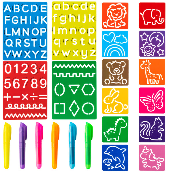 3sscha 22Pcs Alphabet Tracing Stencil Set for Kids Drawing Stencils with Color Highlighter Letters Numbers and Cute Animal Pattern Paint Boards Learn Art Craft Stencil Birthday Gift for Children