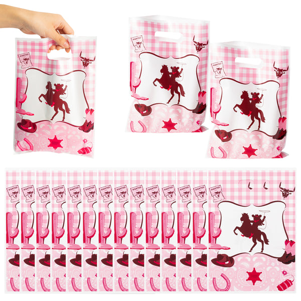 3sscha 50Pcs Pinkcowgirl Party Favor Bag Western Themed Waterproof Goodie Bags with Die Cut Handles Cowgirl Hat Glossy Plastic Candy Gift Bags for Cool Girl Birthday Baby Shower Decoration Supplies