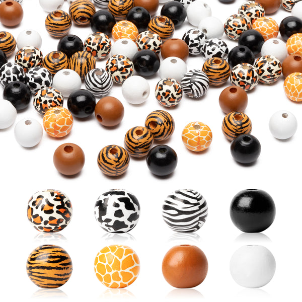 3sscha 180Pcs Animal Print Beads Natural Round Wooden Bead with Cow Leopard Tiger Zebra Giraffe Pattern DIY Craft Farmhouse Making for Room Party Decoration Indoor Tiered Tray Wall Hanging Ornaments