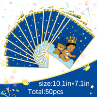 3sscha 50Pcs Royal Prince Party Favor Bags for Baby Boy Blue Waterproof African American Cutie Prince Goodie Bag with Die Cut Handles Plastic Candy Gift Bags for Birthday Baby Shower Decor Supplies