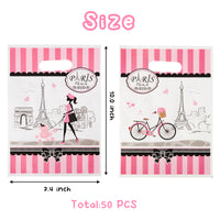 3sscha 50Pcs Girls Dream Paris Party Favor Bag for Elegant Lady Waterproof Pink Goodies Cookies Bag with Die Cut Handles Eiffel Tower Plastic Candy Gift Bags for Birthday Baby Shower Decor Supplies