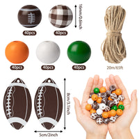 3sscha 203Pcs Plaid Beads Set Rugby Football Theme Brown & White Buffalo Checked Natural Wooden Bead with Pendant DIY Round Wood Beads Garland Craft for Farmhouse Rustic Home Party Decoration