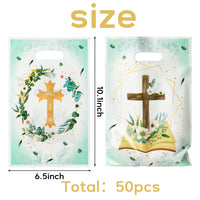 3sscha 50Pcs Cross Party Favor Bag Baptism Themed Waterproof Goodie Bag with Die Cut Handles God Bless Church Religious Plastic Candy Gift Bags for Kids 1st Birthday Baby Shower Decoration Supplies