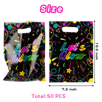 3sscha 50Pcs Let's Glow Party Favor Bag Neon Themed Waterproof Goodie Bag with Die Cut Handles Fluorescent Color Glossy Plastic Candy Gift Bags for Retro 80's 90's Birthday Party Decoration Supplies