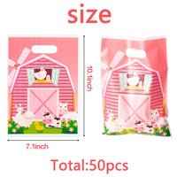 3sscha 50 Pack Pink Farm Animals Party Favor Bag Farmhouse Themed Waterproof Goodie Bag with Die Cut Handles Cute Glossy Plastic  Candy Gift Bags for Baby Girl Birthday Baby Shower Decoration Supplies