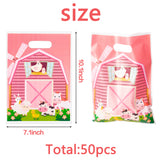 3sscha 50 Pack Pink Farm Animals Party Favor Bag Farmhouse Themed Waterproof Goodie Bag with Die Cut Handles Cute Glossy Plastic  Candy Gift Bags for Baby Girl Birthday Baby Shower Decoration Supplies