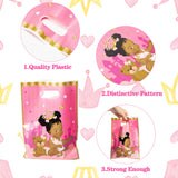 Roll over image to zoom in 3sscha 50Pcs Royal Princess Party Favor Bags for Baby Boy Pink Waterproof African American Cutie Princess Goodie Bag with Die Cut Handles Plastic Candy Gift Bag for Birthday Baby Shower Decor Supplies