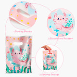 3sscha 50Pcs Axolotl Party Favor Bag Amphibian Themed Waterproof Goodie Bag with Die Cut Handles Reptile Animals Water Plants Plastic Candy Gift Bags for Baby Girl Birthday Baby Shower Decors Supplies