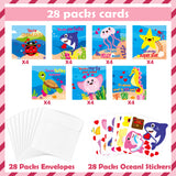 3sscha 28 Packs Valentines Cards with Stickers Ocean Animal Valentine’s Day Kid Classroom Exchange Cards with Envelope, Jellyfish Turtle Greeting Cards, Birthday Gift Card, Party Favors for Valentine