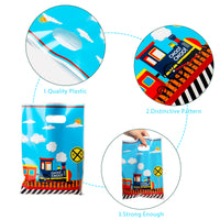 3sscha 50Pcs Train Party Favor Bag Transportation Themed Waterproof Goodie Bag with Die Cut Handles Railway Traffic Glossy Plastic Candy Gift Bags for Kids Birthday Baby Shower Decoration Supplies